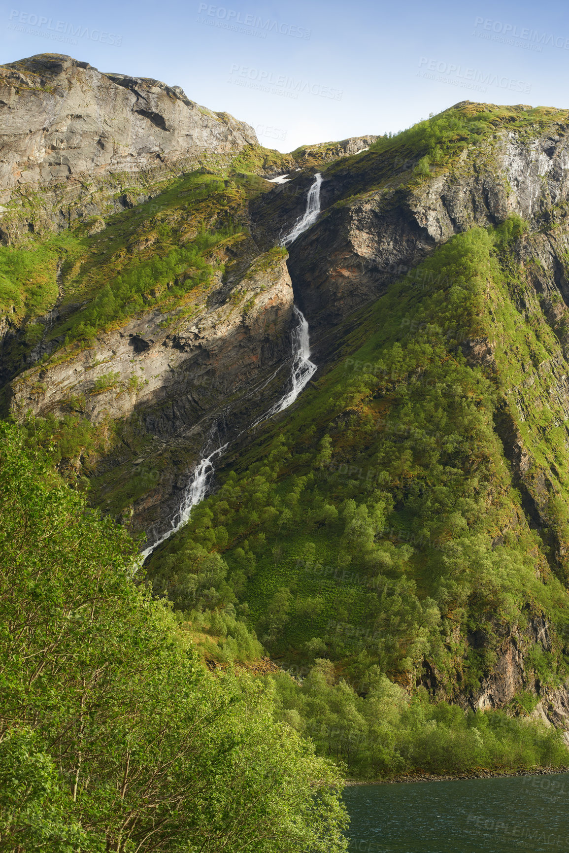 Buy stock photo Trees, nature and stream with mountain or green environment for travel in Switzerland. Forest, lake and landscape for tourism adventure, hiking or summer vacation in countryside outdoor on background