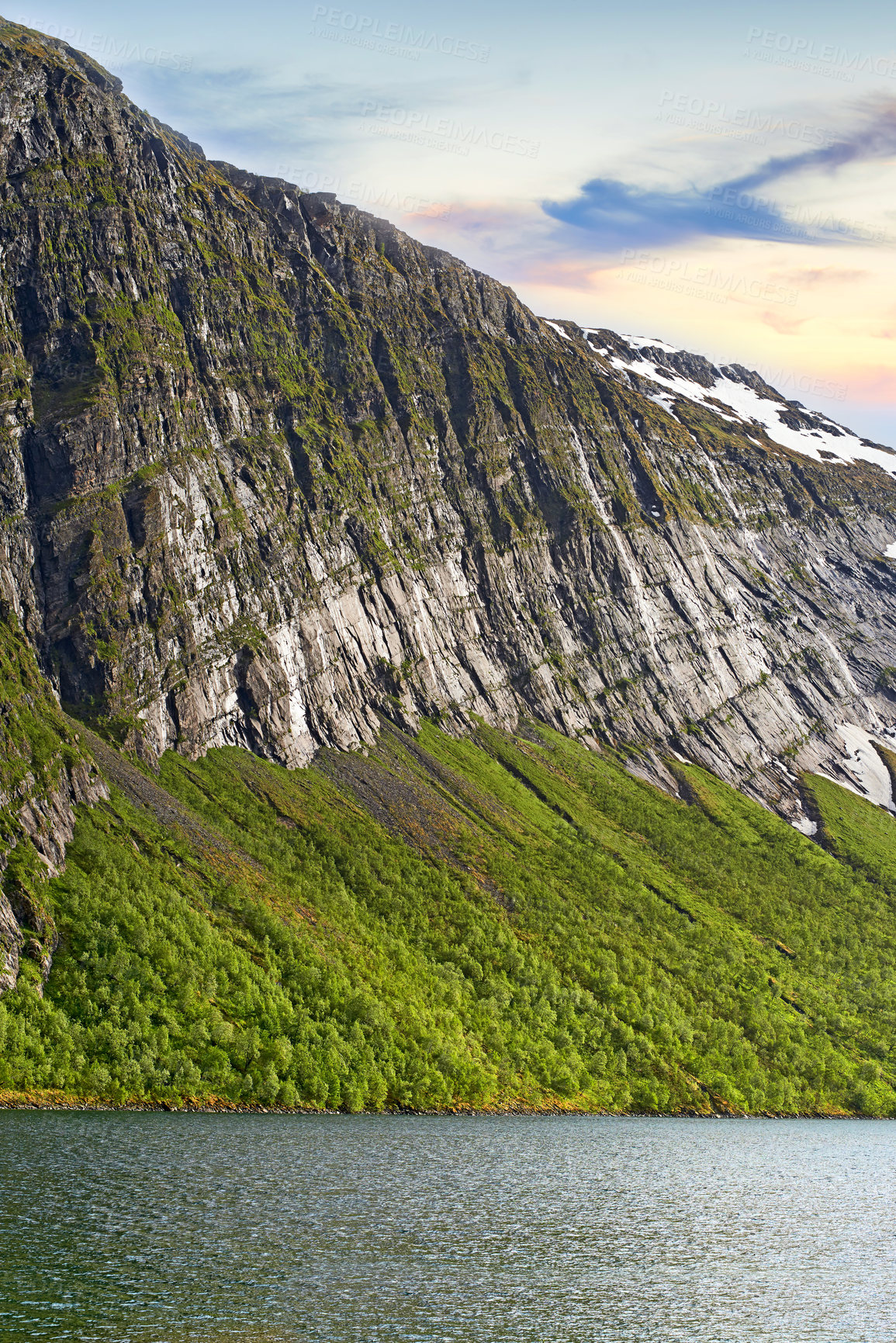 Buy stock photo Green forest, nature and lake with mountain, moss or environment for travel in Norway. Trees, river or landscape for tourism adventure, hiking or summer vacation in countryside outdoor for background