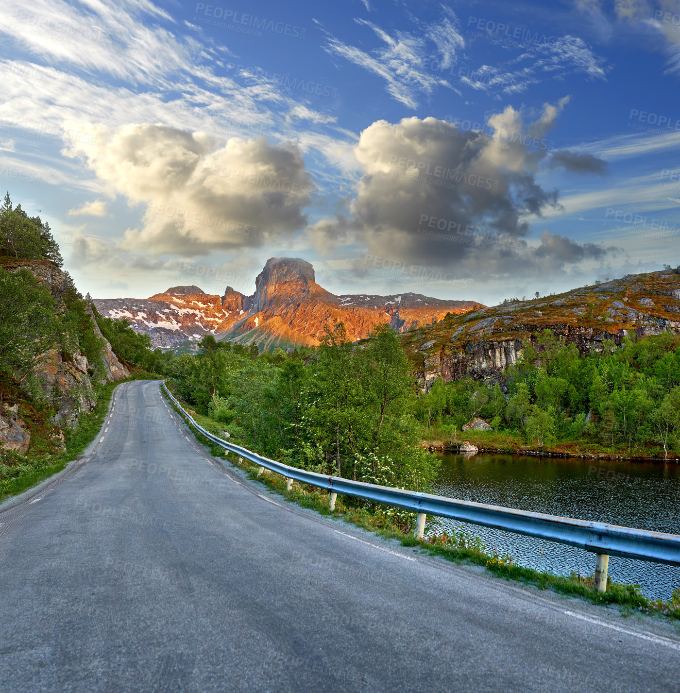 Buy stock photo Forest, mountain pass and road with route to nature destination for remote holiday or vacation. Earth, travel and trees with asphalt street in environment for journey or trip to wilderness location