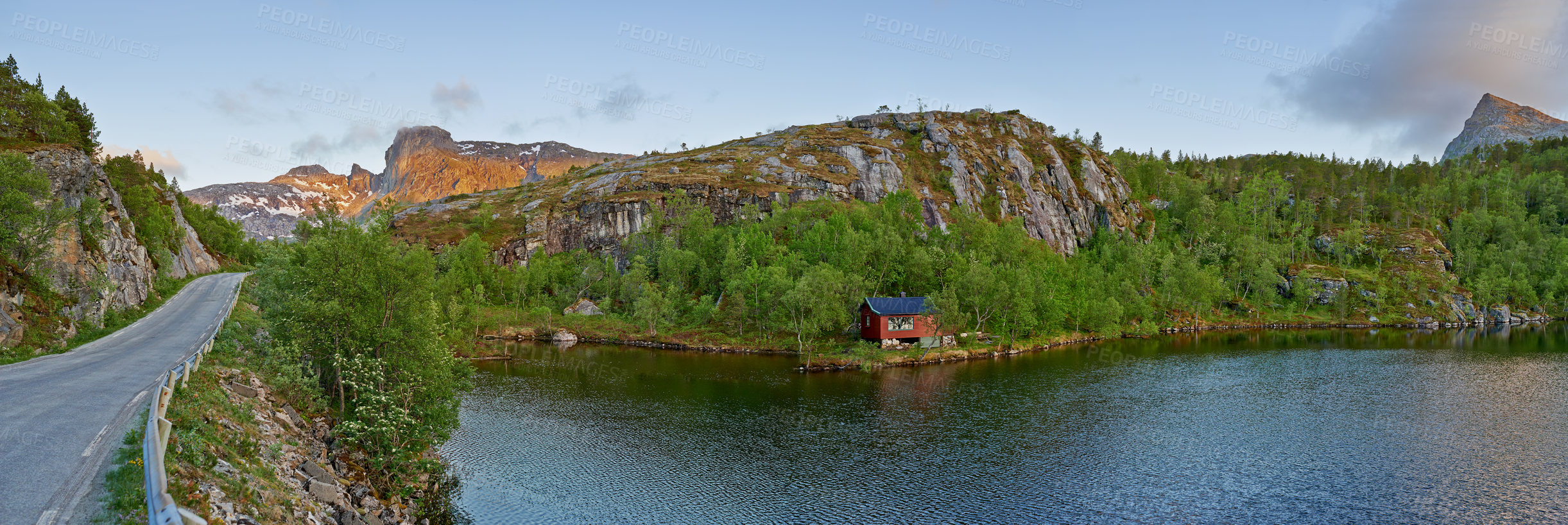 Buy stock photo Landscape, water and mountains with environment, earth and Norway with sunshine, clouds or tourism. Empty, blue sky or outdoor with plants, natural aesthetic or ecology with wallpaper or getaway trip