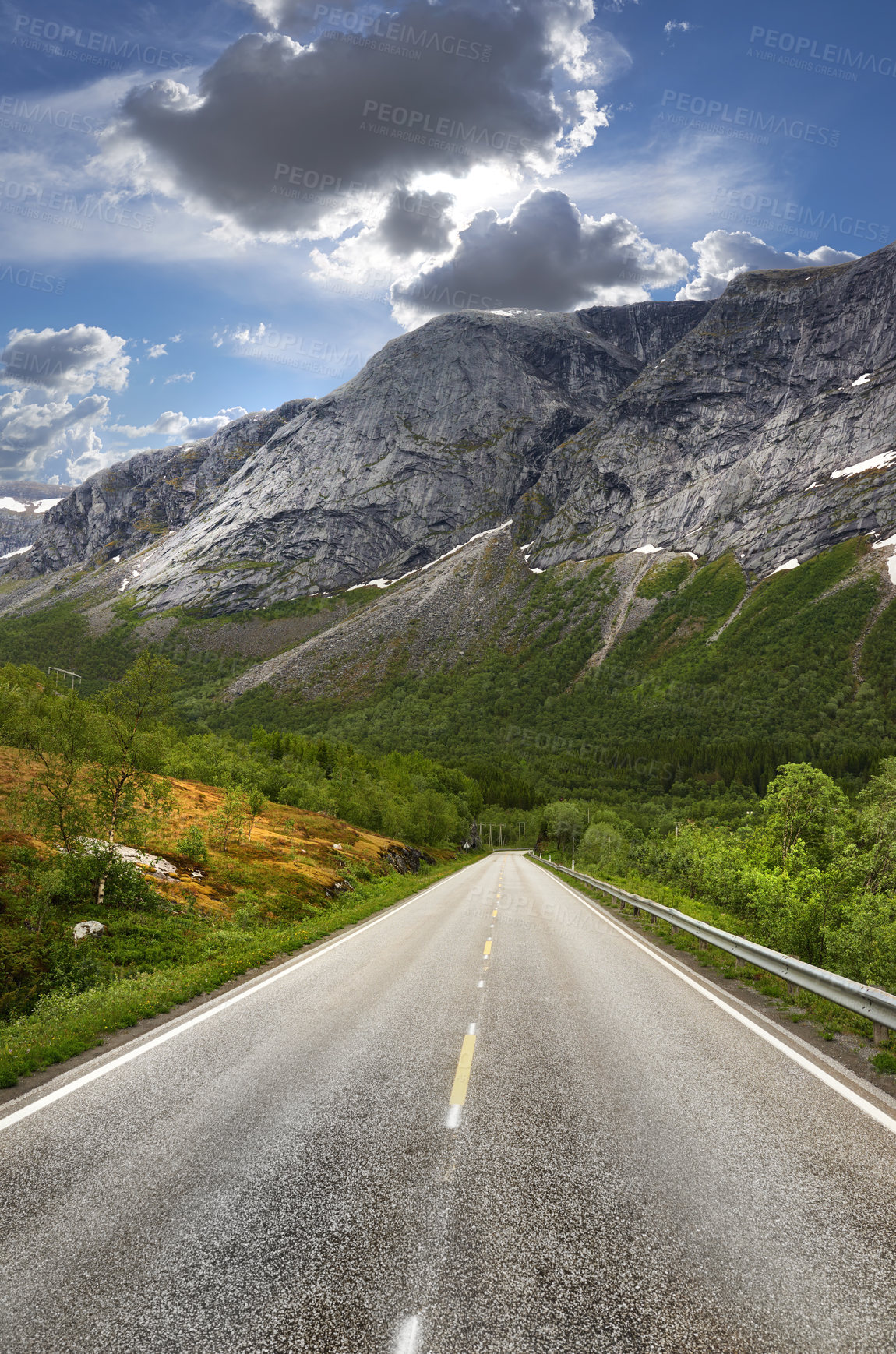 Buy stock photo Road, mountains and landscape for travel, journey and tourism with snow melting for start of spring. Environment, nature and secluded street for getaway, transport and holiday or vacation in Norway