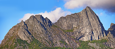 Buy stock photo Nature, mountain and blue sky with clouds for landscape, beauty and summer of adventure in Greece vacation. Journey, outdoor and explore cliff for view, road trip and environment peace with skyline
