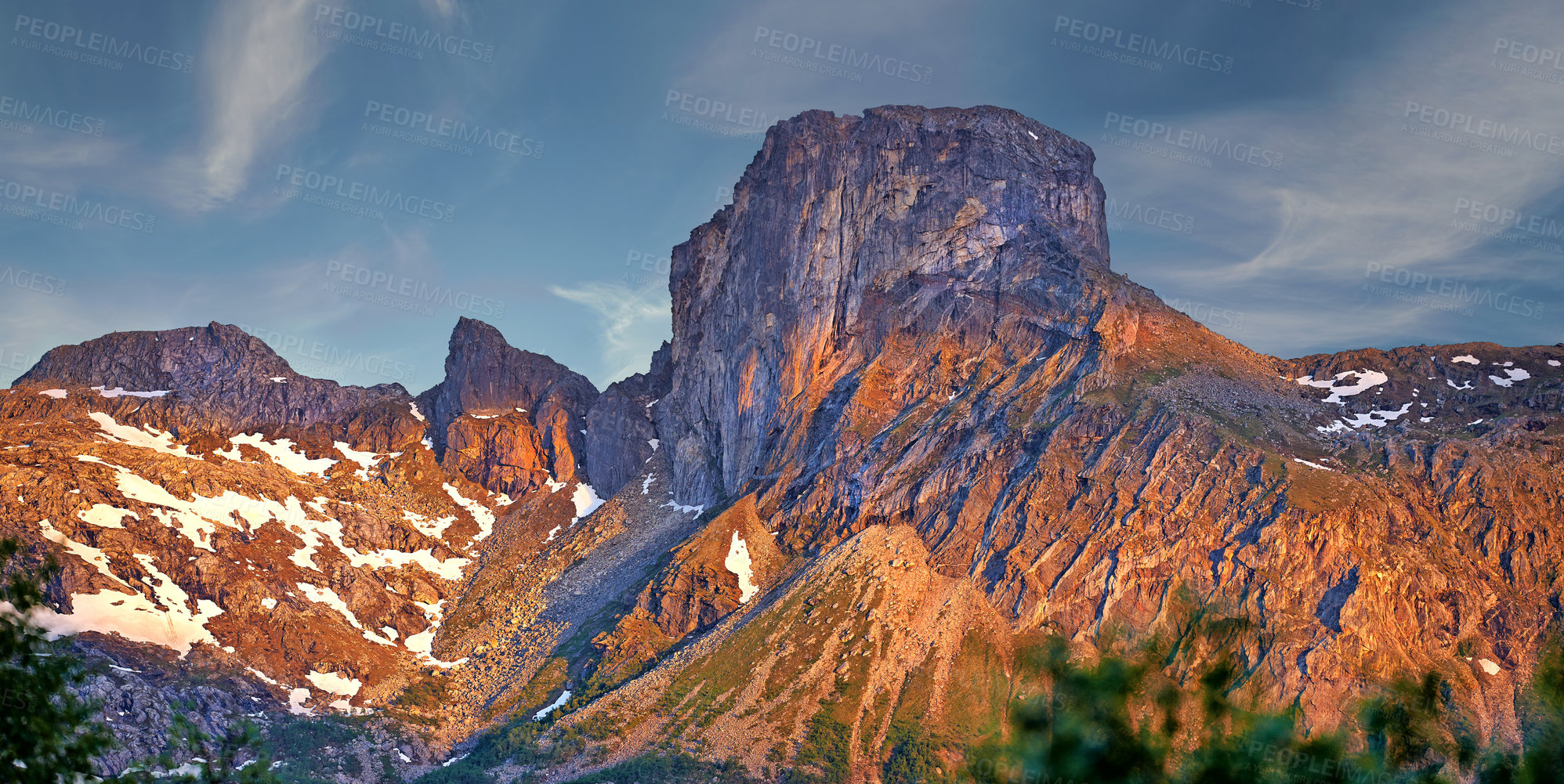 Buy stock photo Morning, sunrise and mountains with snow in winter for travel, climbing and hiking. Landscape, nature and view of natural environment, blue sky and Norway countryside for calm adventure on rocks