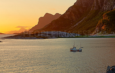 Buy stock photo Beach, sunset or landscape of mountains with ship, natural environment or countryside in Norway. Zen water, calm peace or scenic view of Europe or ocean for outdoor travel, holiday and vacation break