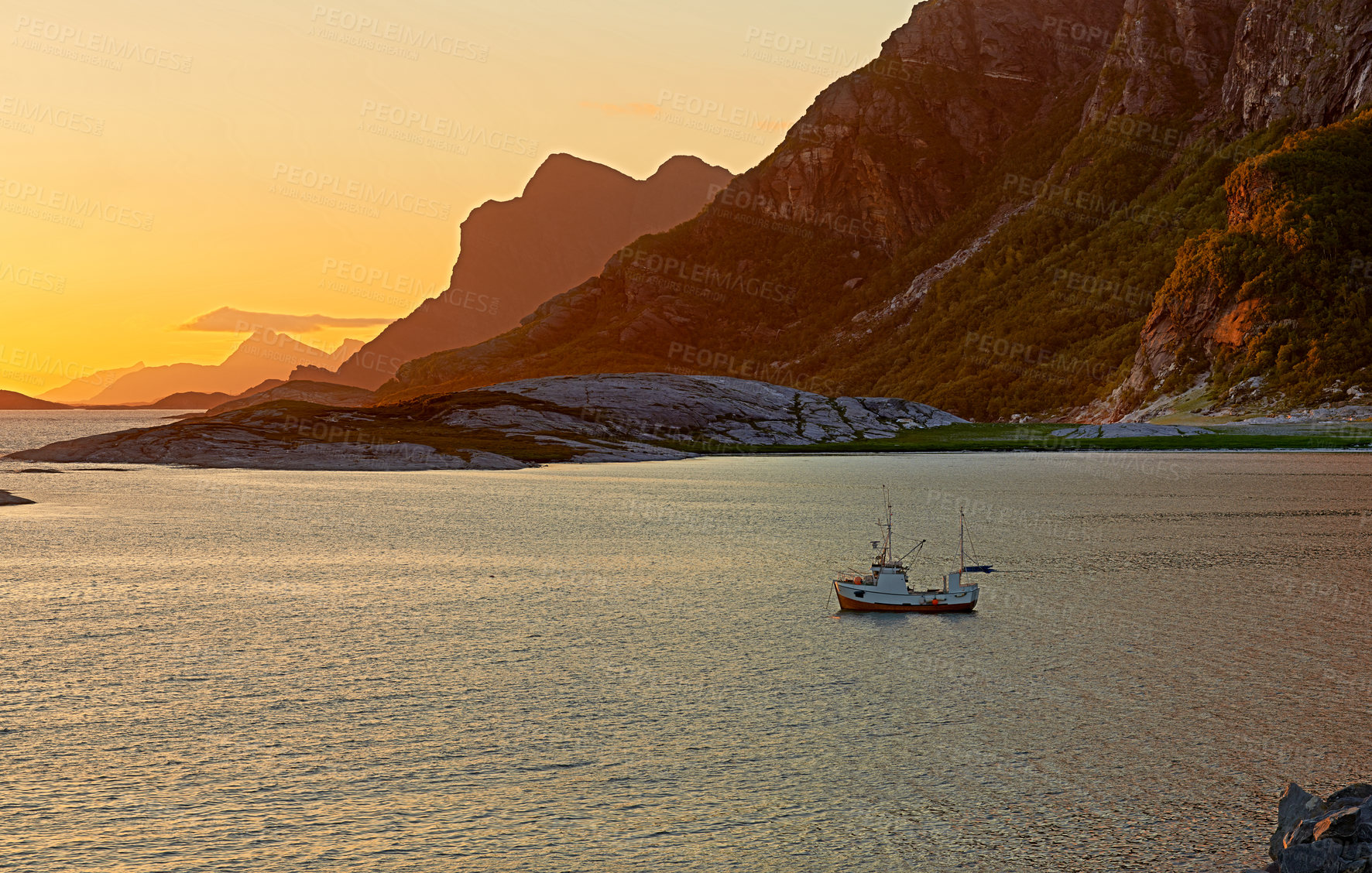 Buy stock photo Beach, sunset or landscape of mountains with ship, natural environment or countryside in Norway. Zen water, calm peace or scenic view of Europe or ocean for outdoor travel, holiday and vacation break