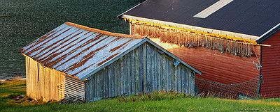 Buy stock photo Rural, countryside and outdoor travel to farm, norway and mountain environment for nature. Barn, ecology and green location for earth vacation or holiday, nordic building and sustainable aesthetic