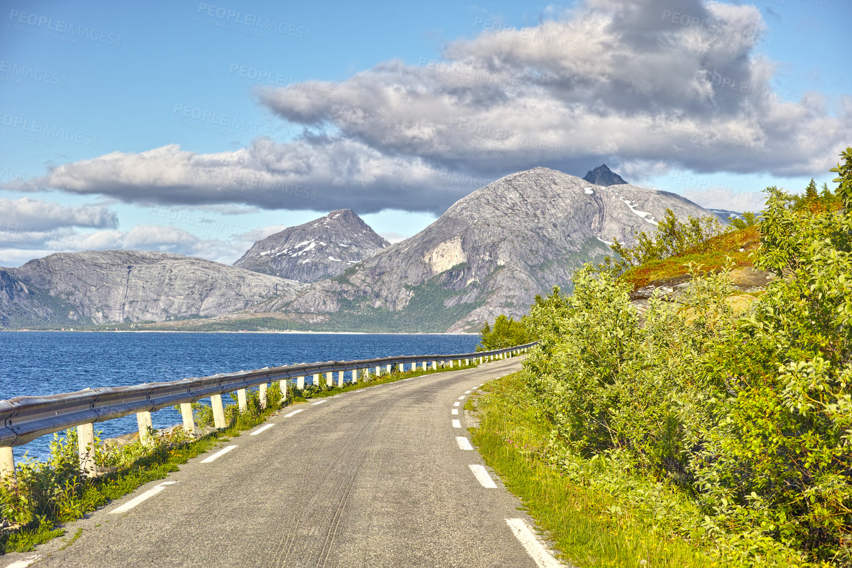 Buy stock photo Beach, road or landscape of mountains with bridge, natural environment or countryside in Norway. Zen nature, calm peace or scenic view of Europe or ocean for outdoor travel, holiday or vacation break