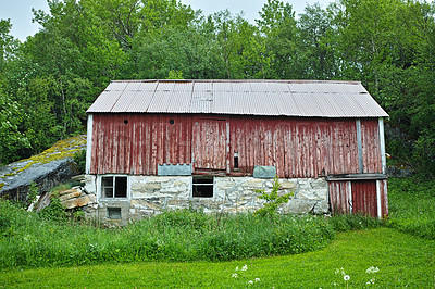 Buy stock photo Barn, countryside and outdoor travel for peace, Norway and mountain environment for nature. Woods, ecology and green location for earth vacation or holiday, rural building and sustainable aesthetic