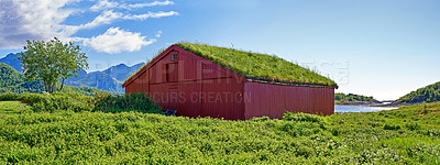 Buy stock photo Cabin, countryside and outdoor travel for peace, norway and mountain environment for nature. Barn, ecology and green location for earth vacation or holiday, rural building and sustainable aesthetic