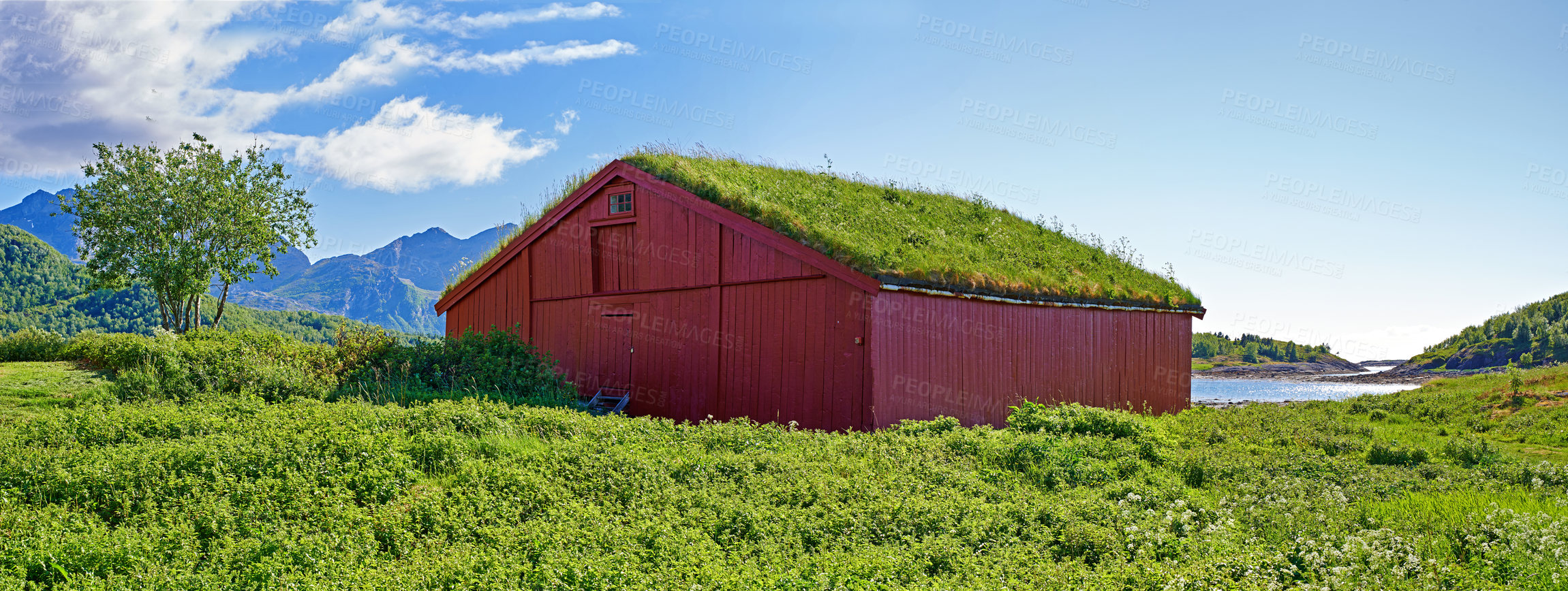 Buy stock photo Cabin, countryside and outdoor travel for peace, norway and mountain environment for nature. Barn, ecology and green location for earth vacation or holiday, rural building and sustainable aesthetic