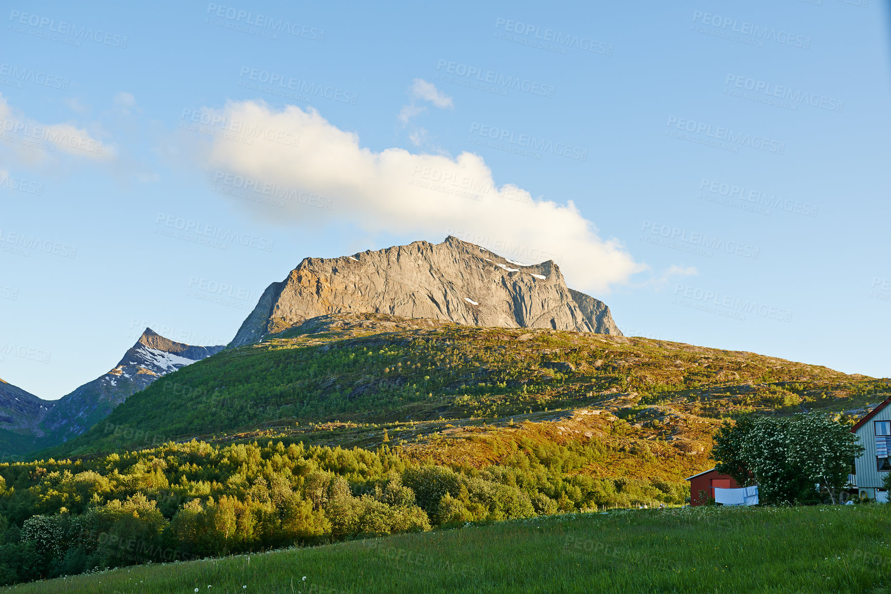 Buy stock photo Mountain, greenery and clouds in sky in nature by journey for travel destination in Norway. Environment, landscape and hill outdoor for tourism vacation, holiday or trip to landmark in countryside.