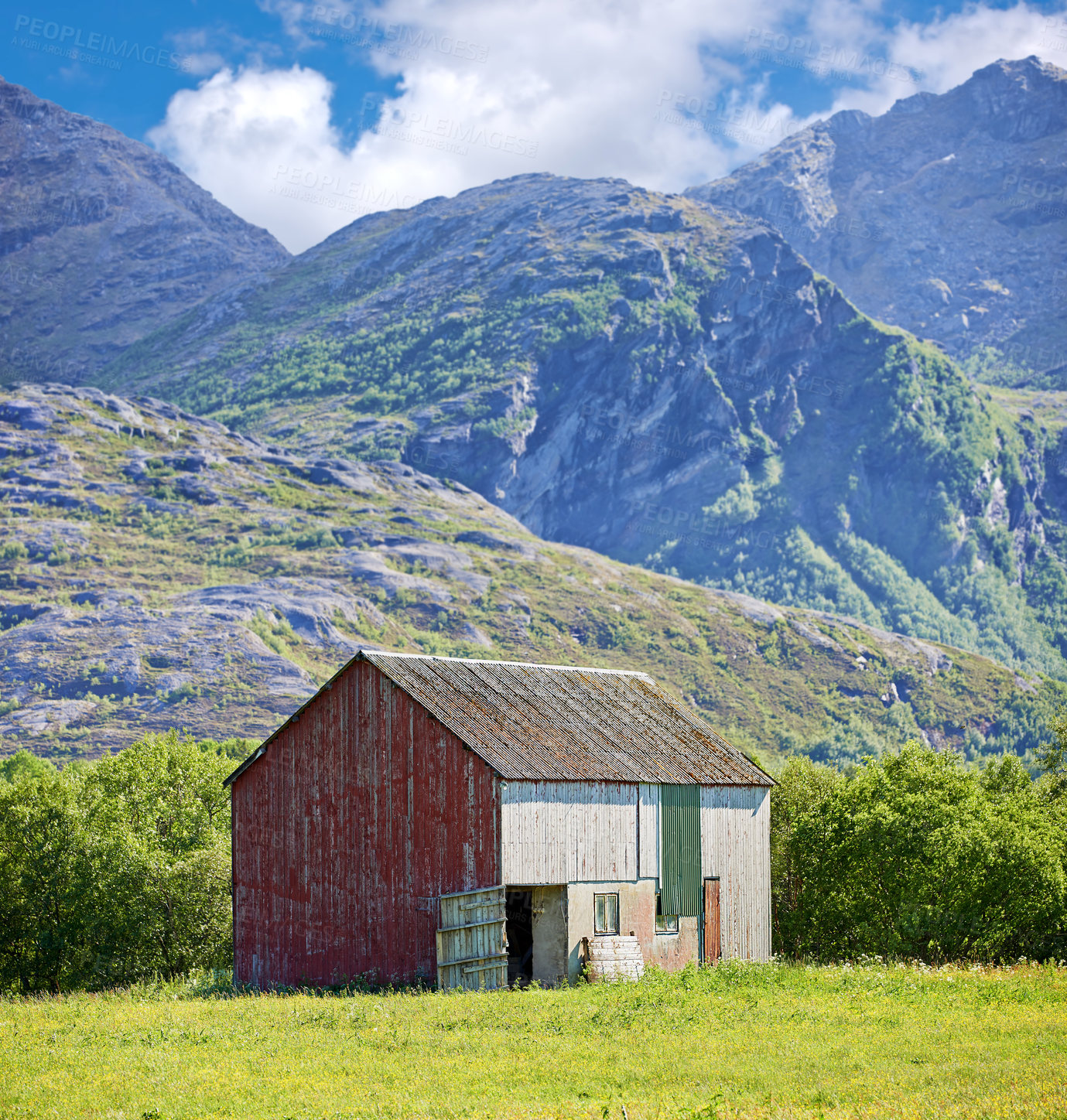 Buy stock photo Nature, field and barnyard in countryside for architecture, landscape or rustic property. Empty, rural and farm house in Sweden with mountain for environment, sustainability or agriculture community