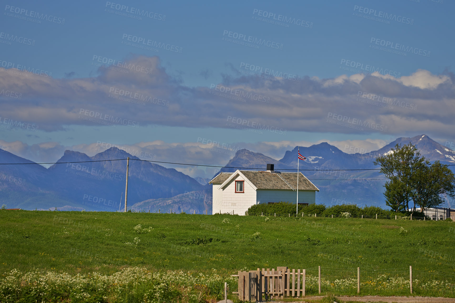 Buy stock photo Nature, field and farm house in countryside for architecture, landscape or rustic property. Empty, tree and vintage home in Switzerland for environment, sustainability or agriculture community