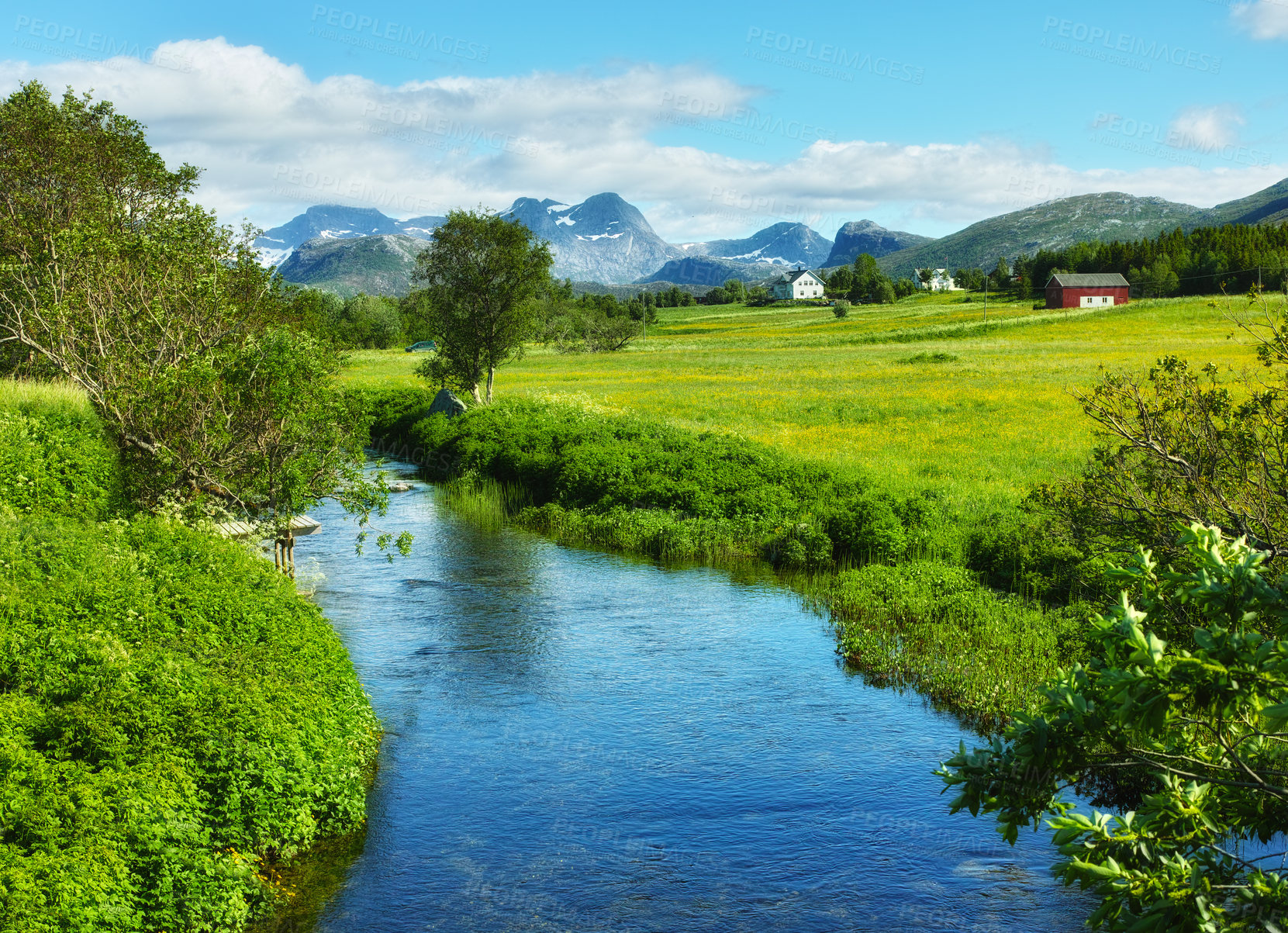 Buy stock photo Landscape, countryside and nature with mountain, river and green trees in Norway for eco friendly. Environment, earth and water with grass, blue sky and plants for travel, ecology or sustainability