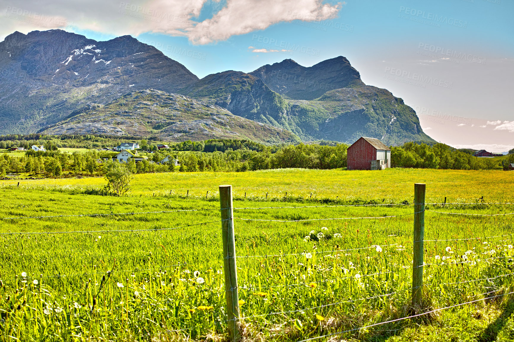 Buy stock photo Landscape, countryside and mountain for nature in summer, agriculture and harvest growth of sustainable environment. Green, field and ecology for organic, peace and eco friendly of outdoor adventure 