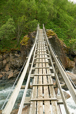 Buy stock photo River, woods or landscape of mountains with bridge, natural environment or countryside in Norway. Zen nature, water or scenic view of Europe or valley for outdoor travel, holiday vacation or forest