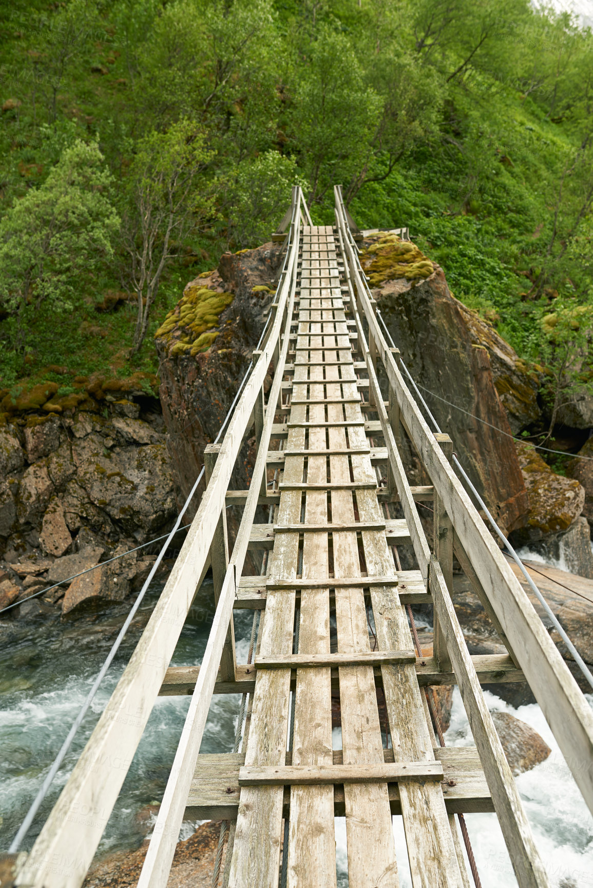 Buy stock photo River, woods or landscape of mountains with bridge, natural environment or countryside in Norway. Zen nature, water or scenic view of Europe or valley for outdoor travel, holiday vacation or forest