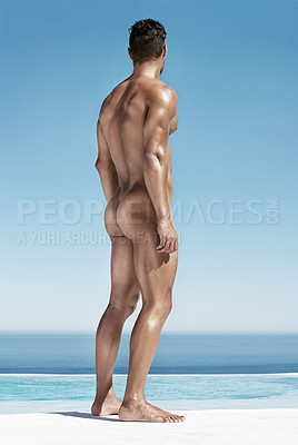 Buy stock photo Man, nude and butt muscle by swimming pool for sunshine, relax or holiday by ocean. Bodybuilder model, body glow and skin health in summer with sky, beauty or ass on tropical sea vacation in Thailand