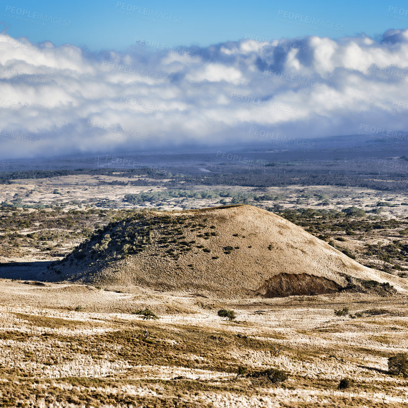 Buy stock photo Desert, volcano and clouds in blue sky in nature with eco friendly, travel and tourism location. Landscape, Mauna Loa and wilderness for sightseeing destination on vacation or holiday in Hawaii.