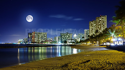 Buy stock photo Waikiki, Honolulu at Night, Oahu, Hawaii, USA