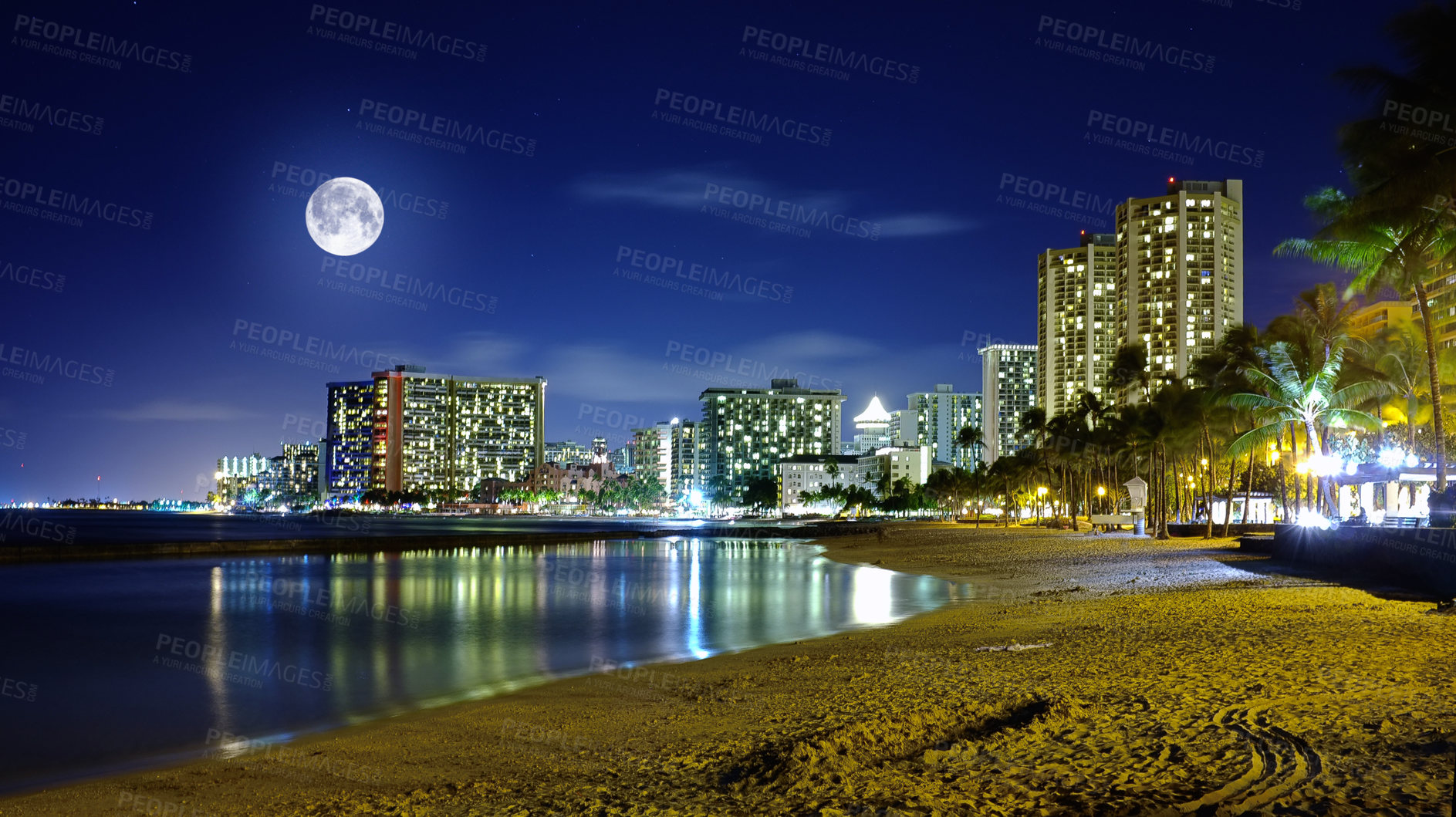 Buy stock photo Waikiki, Honolulu at Night, Oahu, Hawaii, USA