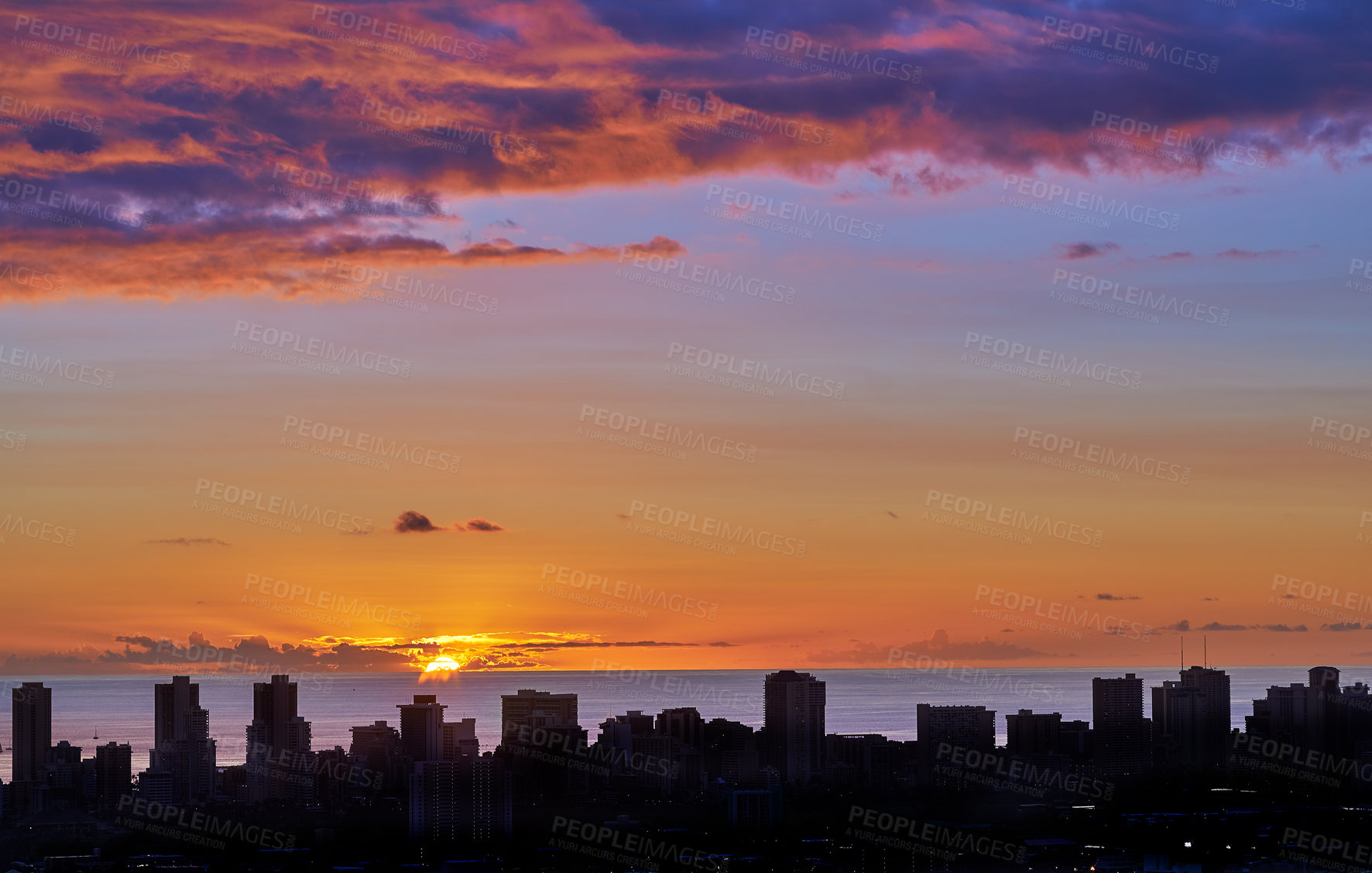 Buy stock photo Cityscape, night and skyline for city, buildings and popular tourist or vacation destination in Waikiki honolulu. Luxury travel, skyscrapers and scenic landscape with coast, sunset or holiday evening