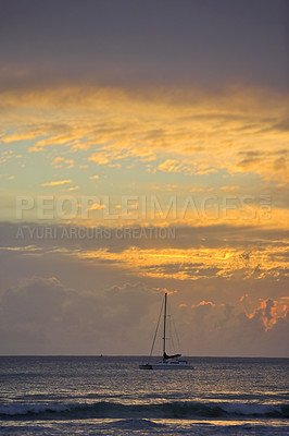 Buy stock photo Sunset, seascape and sail boat in ocean, tropical island and Hawaii with skyline in nature, harmony or peace. Holiday, trip and travel for vacation as wallpaper, background or texture for adventure