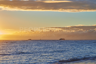 Buy stock photo Sunset, sea and landscape of natural environment, beach and ocean during night in summer. Sky, nature and sunrise in horizon for tropical, calm and destination with island peace on Waikiki, Honolulu