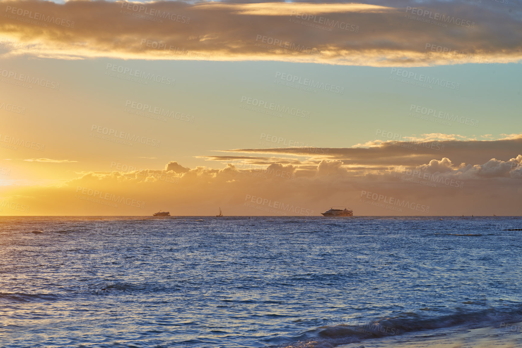 Buy stock photo Sunset, sea and landscape of natural environment, beach and ocean during night in summer. Sky, nature and sunrise in horizon for tropical, calm and destination with island peace on Waikiki, Honolulu