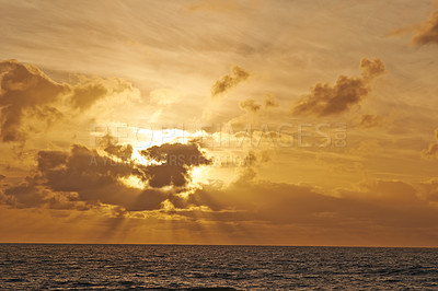 Buy stock photo Sunset, water and horizon of natural environment, beach and ocean during night in summer. Sky, nature and sunrise in landscape for tropical, calm or destination with island peace on Waikiki, Honolulu