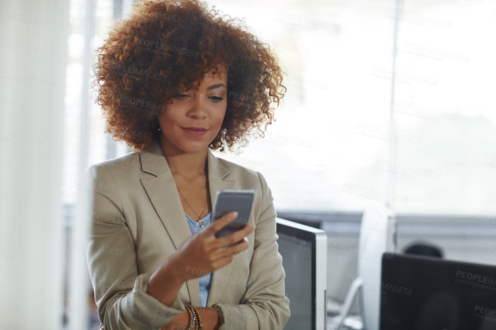 Buy stock photo Cellphone, corporate and businesswoman in office for contact, communication or networking on mobile app. Technology, reading and female lawyer with phone for texting, email or online in workplace.