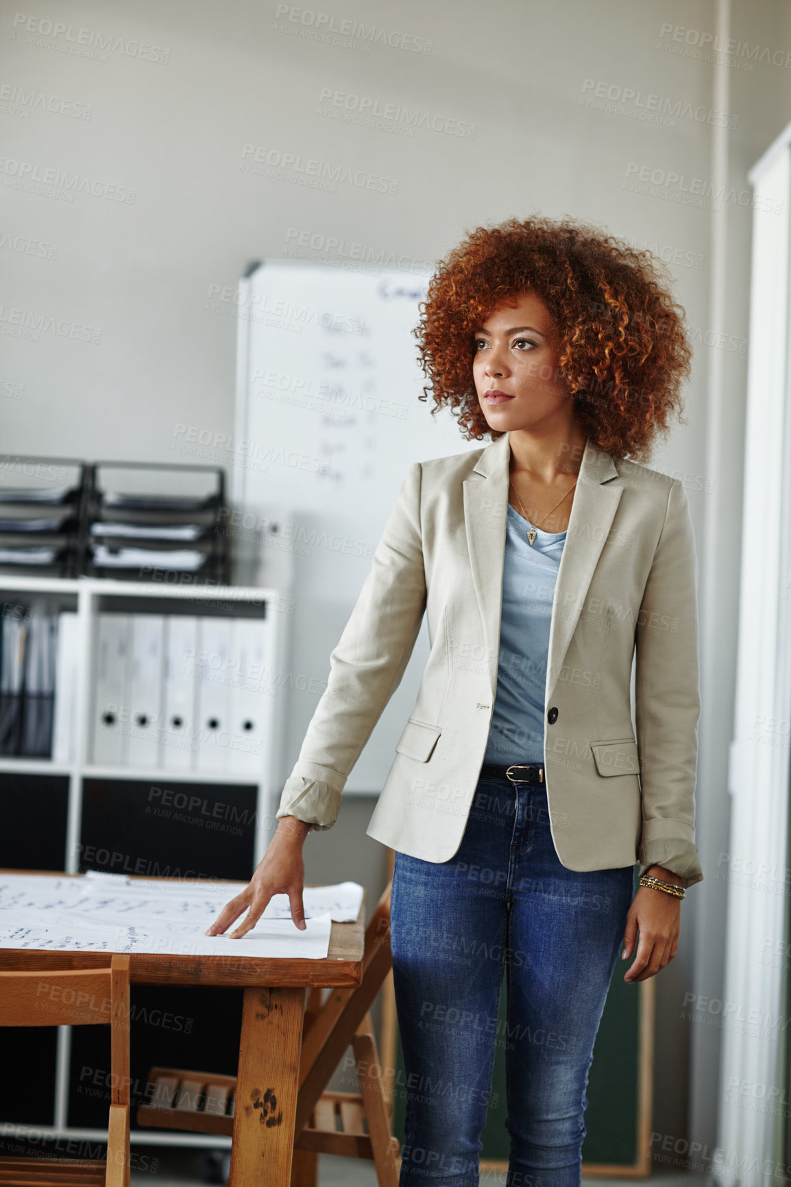 Buy stock photo Think, paper or woman with ideas in advertising agency, planning campaign or project development. To do list, event organization or marketing coordinator with launch reflection, thoughtful or startup