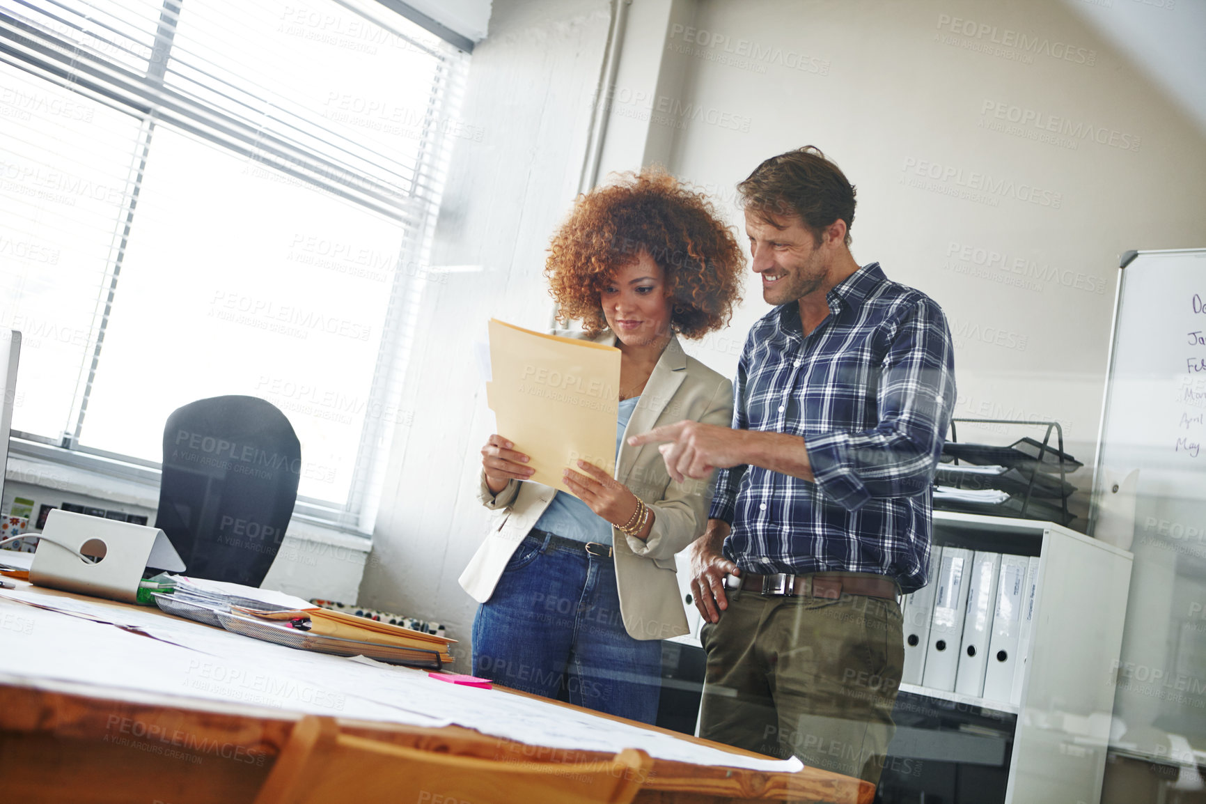 Buy stock photo Happy, business people and reading with folder for project brief, company policy or plan in office. Businessman, woman or employees with file, documents or portfolio for administration or application