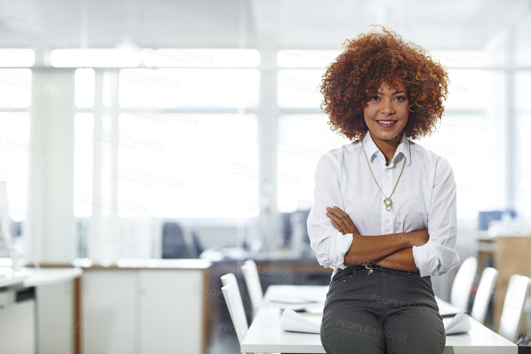 Buy stock photo Portrait, smile and woman with arms crossed, office or career growth with wealth management or pride. Happy, employee and investment analyst with ambition for business development and confident