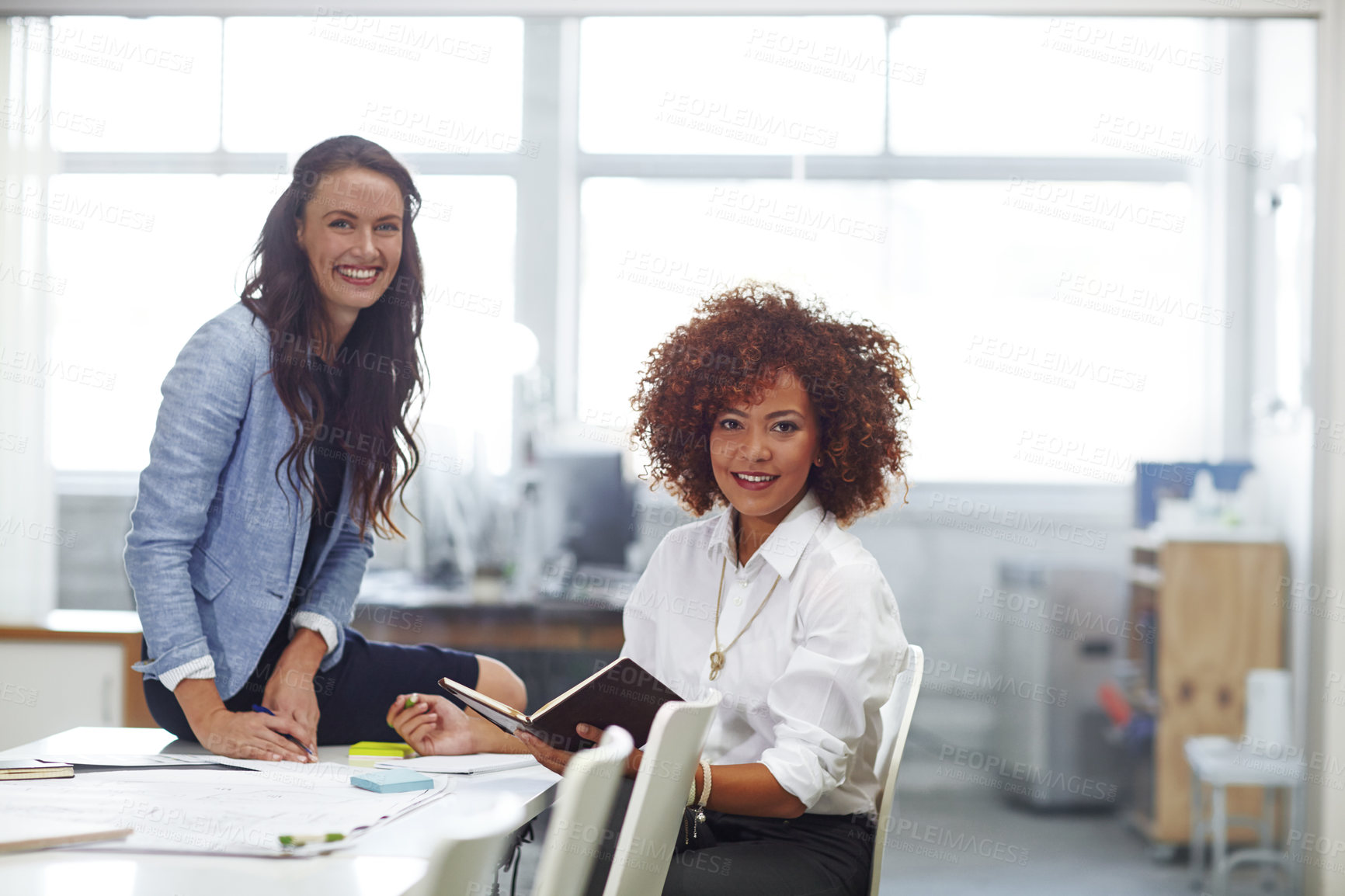 Buy stock photo Portrait, team and smile in business with notebook for schedule, daily goals and collaboration. Happy, people and meeting with planner in workplace for calendar, task administration and partnership.