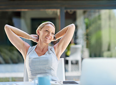 Buy stock photo Thinking, woman and resting with remote work on patio for freelancing, task and done with project. Female person, relax and stretching with idea at home for career, finish and satisfaction on break