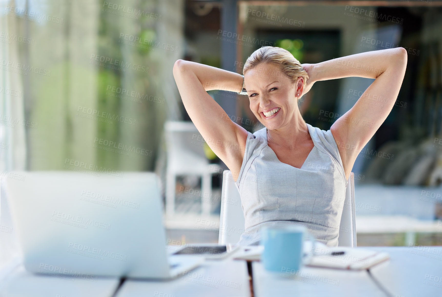 Buy stock photo Woman, relax and laptop with remote work on patio for freelancing, career or done with project. Female person, resting and stretching with technology at home for task, finish or satisfaction on break