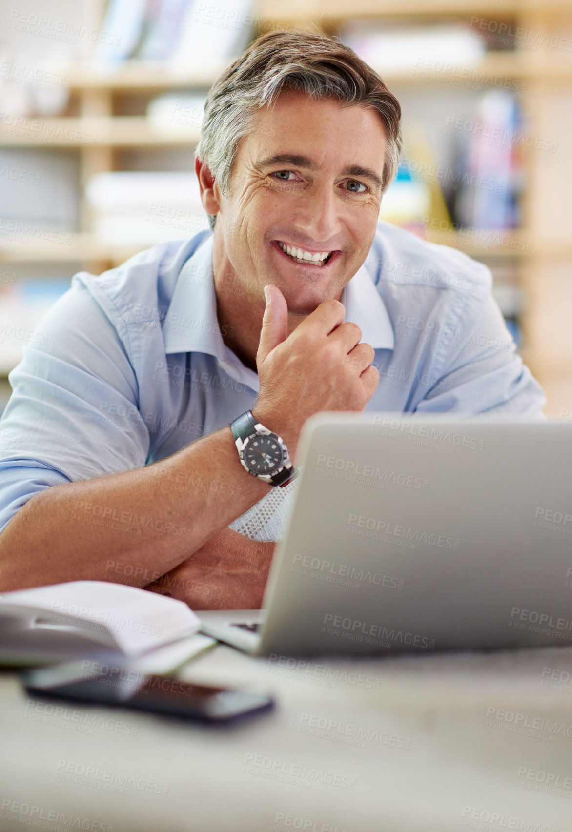 Buy stock photo Happy, laptop and portrait of mature man for remote work, reading email and networking. Freelance, business and person on computer for internet, research project and website for working from home