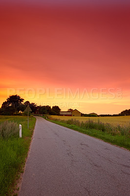 Buy stock photo Road, nature and pathway to travel, sunset and peace in environment, location and adventure in forest. Woods, highway and direction of destination for journey, outdoor and trees on trip and landscape