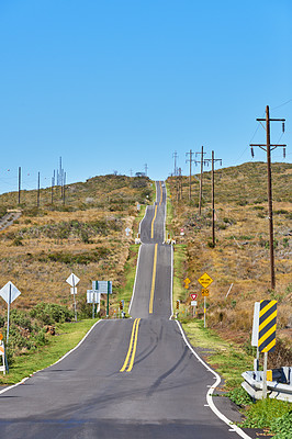 Buy stock photo Road, nature and street to travel, highway and peace in environment, location and adventure in forest. Woods, outdoor and direction of destination for journey, morning and pathway in landscape