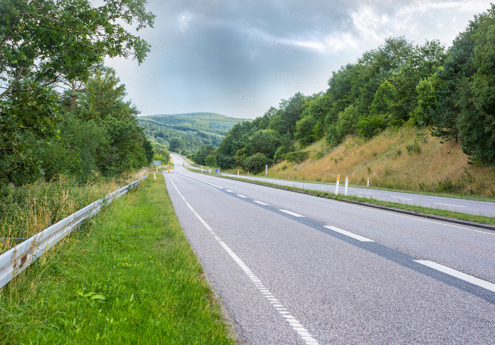 Buy stock photo Road, adventure and pathway to travel, outdoor and peace in environment, location and nature in forest. Woods, highway and direction of destination for journey, morning and trees on trip or landscape