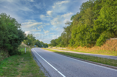 Buy stock photo Road, landscape and outdoor in countryside, woods and Scotland wilderness with nature, harmony or peace. Holiday, trip and route for travel or drive as wallpaper, background or texture for adventure