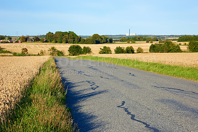 Buy stock photo Road, landscape and travel in countryside, field and Scotland with highway, nature and view for tourism. Holiday, trip and route in outdoor or forest as wallpaper, background or texture for adventure