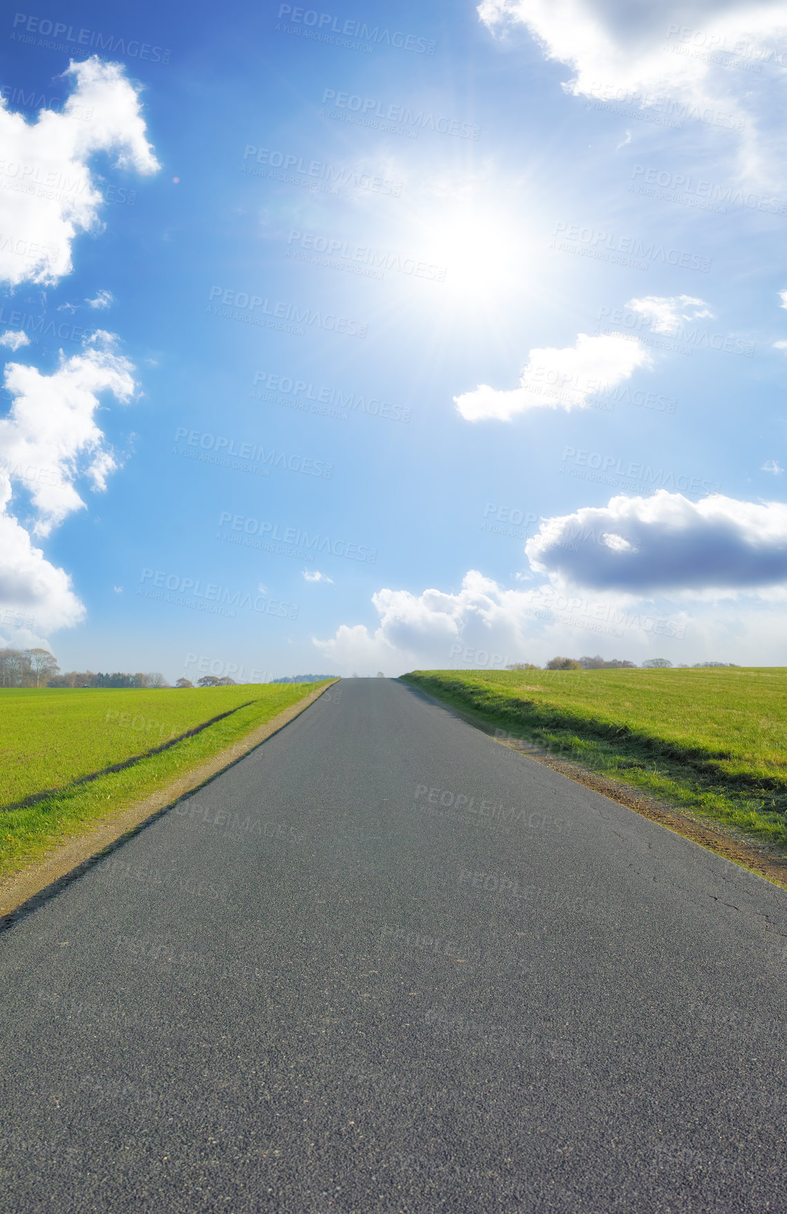 Buy stock photo Road, countryside and outdoor path for travel, vacation or holiday with clouds in summer sky. Street, highway and asphalt in nature for journey, direction and trip to Sweden with grass on landscape