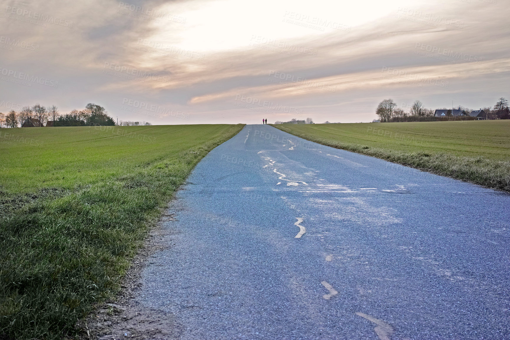 Buy stock photo Travel, field and sky with road in countryside for sunset, environment or destination. Empty, nature and street with outdoor for sustainability, vacation journey or adventure landscape in Switzerland