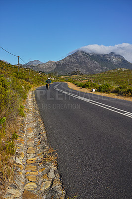 Buy stock photo Road trip, nature and travel of bike, highway and person in environment, location and adventure in forest. Woods, biker and speed in journey and mountain for freedom with motorcycle and outdoor