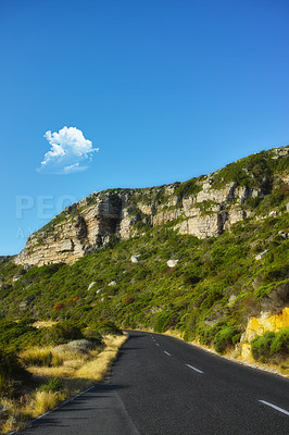 Buy stock photo Road, nature and pathway to travel, mountain and peace in environment, location and adventure in forest. Woods, highway and direction of destination for journey, morning and grass on trip and outdoor