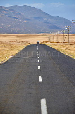 Buy stock photo Road, mountain and asphalt in nature for travel, direction or trip to Australia with grass on land. Street, countryside and highway outdoor for journey, vacation or immigration with car for transport