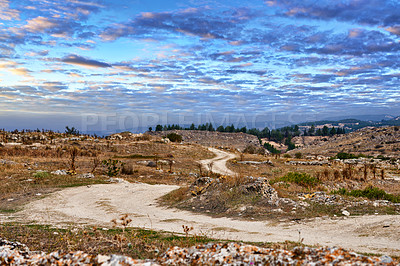 Buy stock photo Path, landscape and travel in countryside, trail and nature in Turkey for view, peace and environment. Holiday, trip and road with outdoor or forest as wallpaper, background or texture for adventure