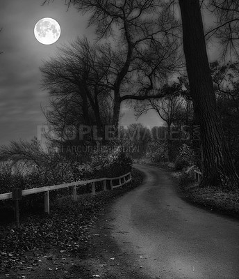 Buy stock photo Moon and road in Danish landscape at night - Jutland.